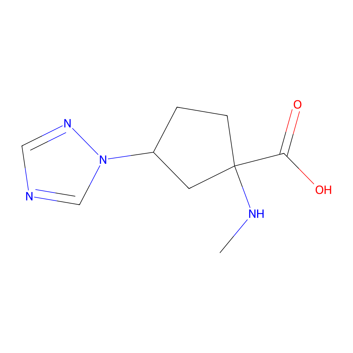 1-(methylamino)-3-(1H-1,2,4-triazol-1-yl)cyclopentane-1-carboxylic acid molecular structure, CAS 1518844-57-9