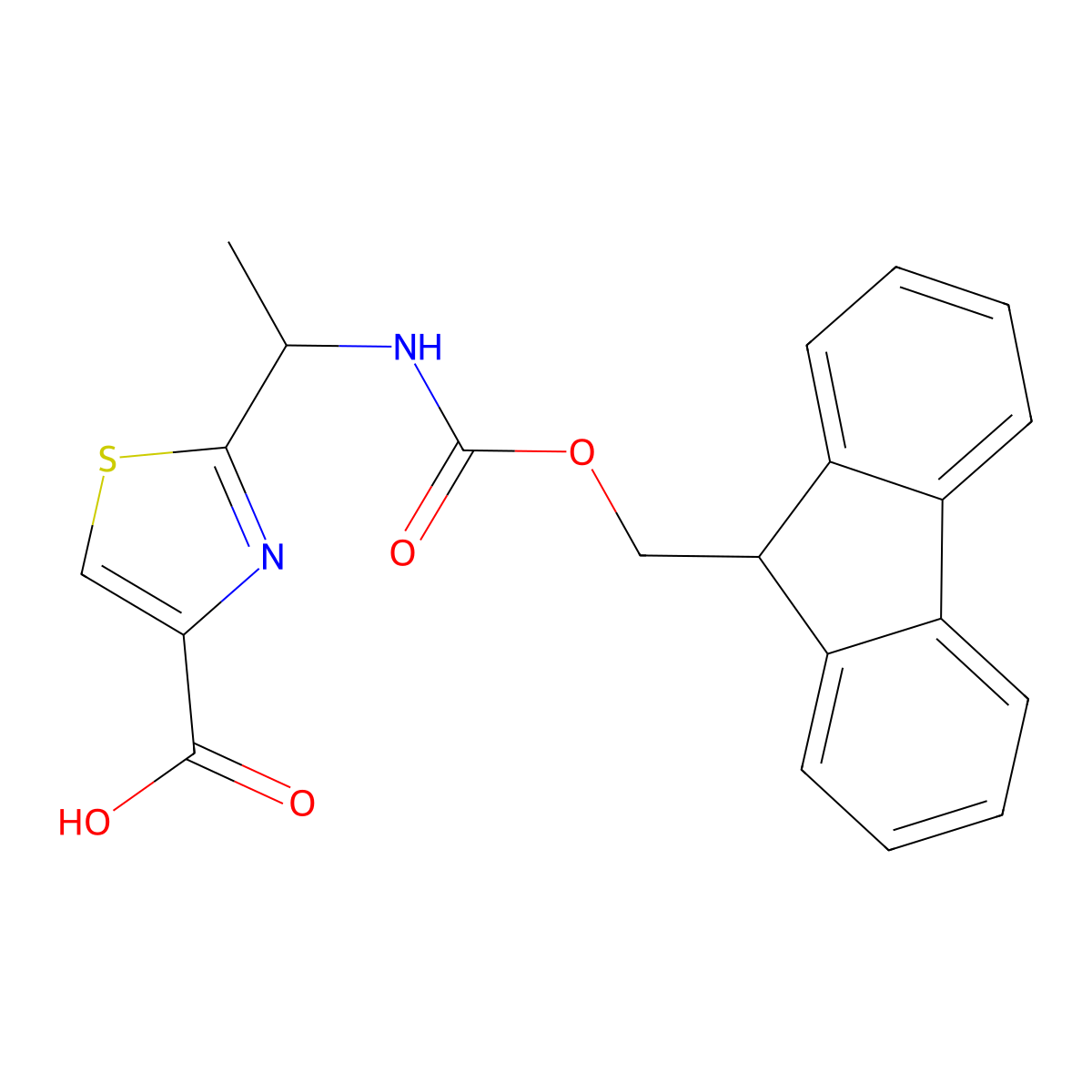 2-(1-((((9H-fluoren-9-yl)methoxy)carbonyl)amino)ethyl)-1,3-thiazole-4-carboxylic acid molecular structure, CAS 1518885-04-5