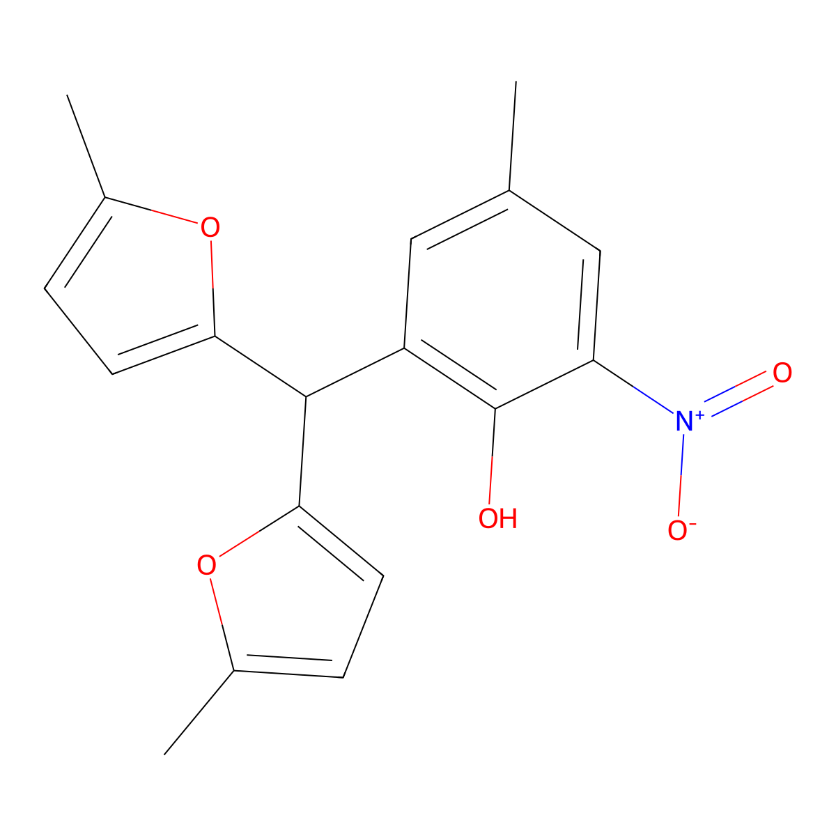2-[Bis(5-methylfuran-2-yl)methyl]-4-methyl-6-nitrophenol molecular structure, CAS 151918-91-1