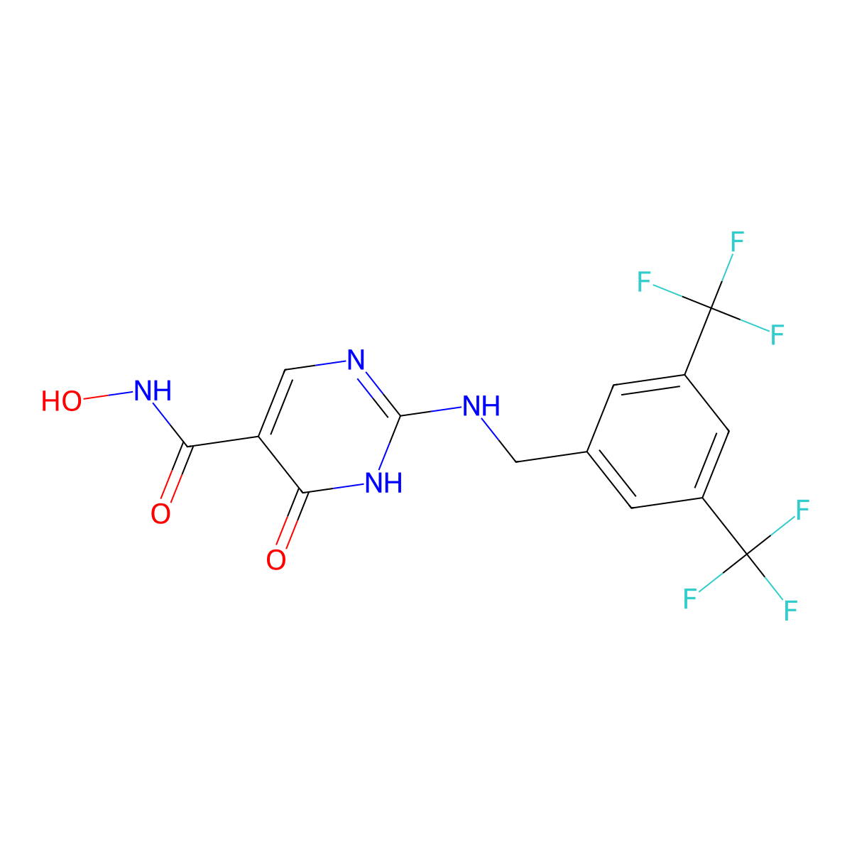 2-({[3,5-bis(trifluoromethyl)phenyl]methyl}amino)-N-hydroxy-4-oxo-1,4-dihydropyrimidine-5-carboxamide molecular structure, CAS 1520083-61-7