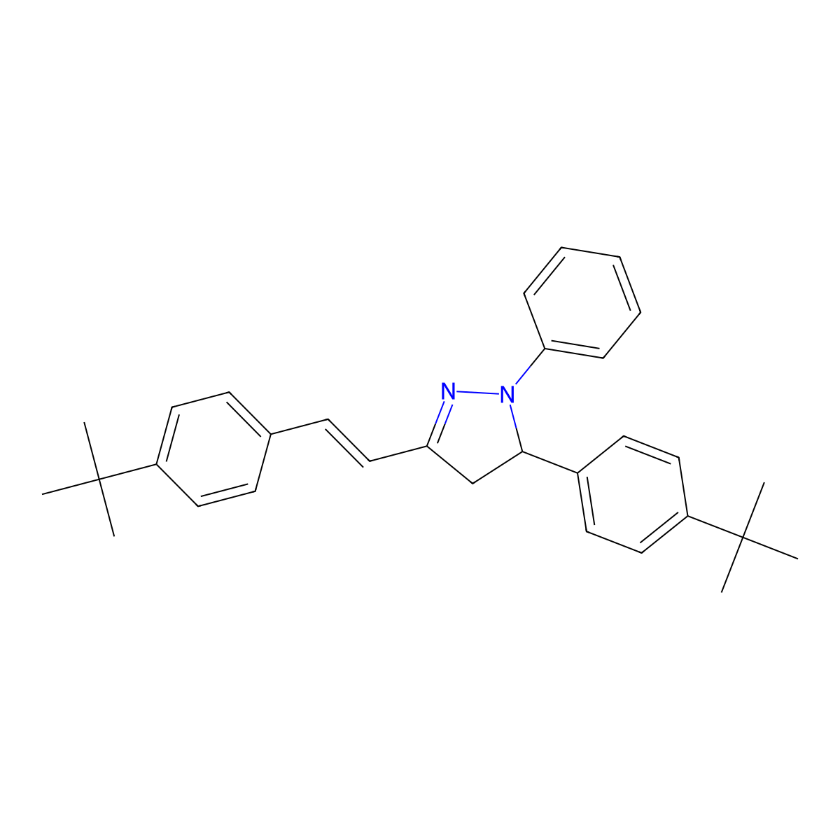 1H-Pyrazole,5-(4-(1,1-dimethylethyl)phenyl)-3-(2-(4-(1,1-dimethylethyl)phenyl)ethenyl)-4,5-dihydro-1-phenyl- molecular structure, CAS 152015-94-6
