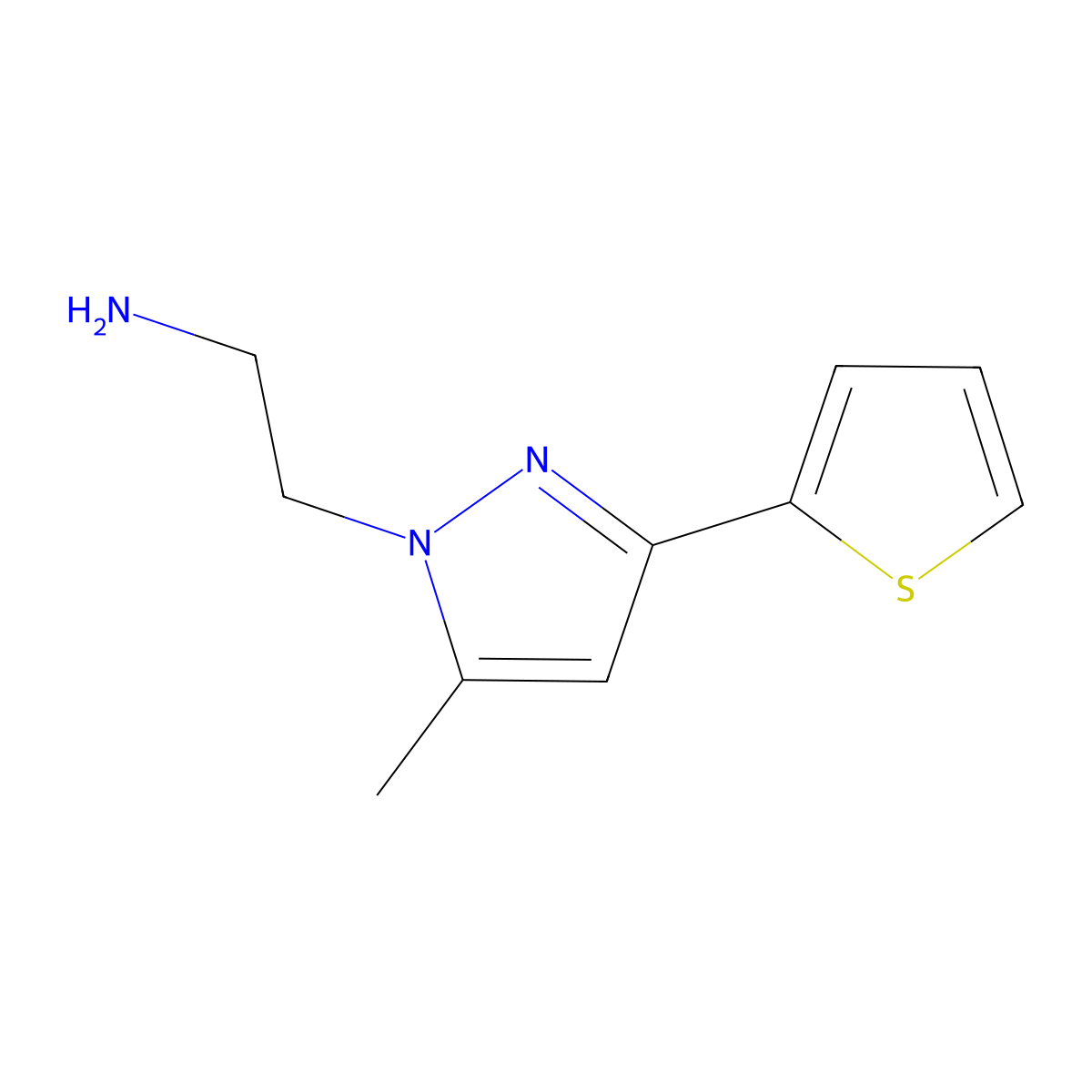 2-(5-methyl-3-(thiophen-2-yl)-1H-pyrazol-1-yl)ethan-1-amine molecular structure, CAS 1520676-44-1
