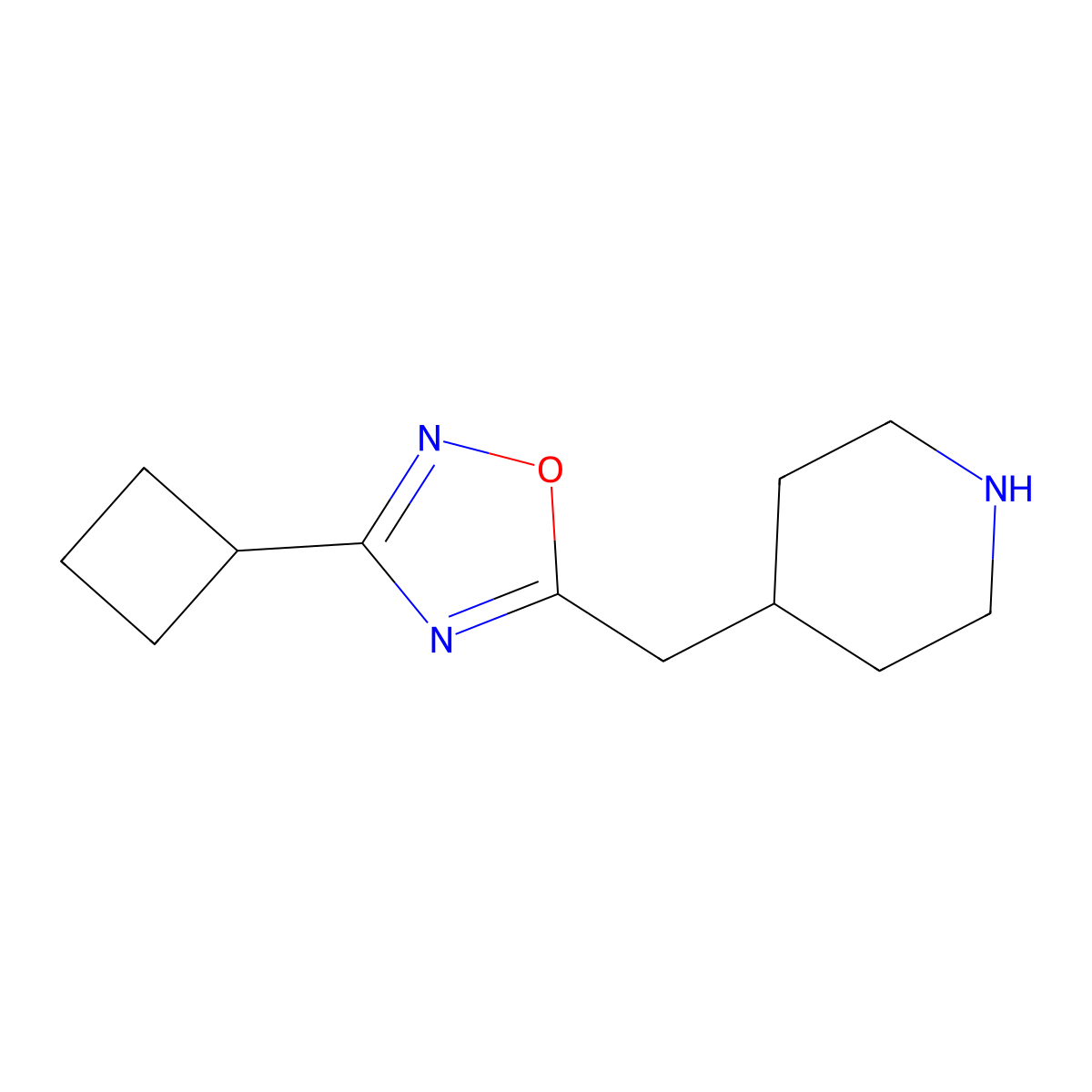 4-[(3-Cyclobutyl-1,2,4-oxadiazol-5-yl)methyl]piperidine molecular structure, CAS 1523175-26-9