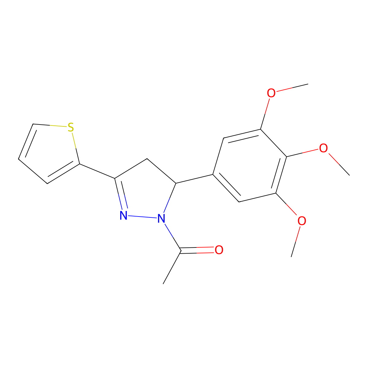 1-(3-(thiophen-2-yl)-5-(3,4,5-trimethoxyphenyl)-4,5-dihydro-1H-pyrazol-1-yl)ethanone molecular structure, CAS 152432-18-3