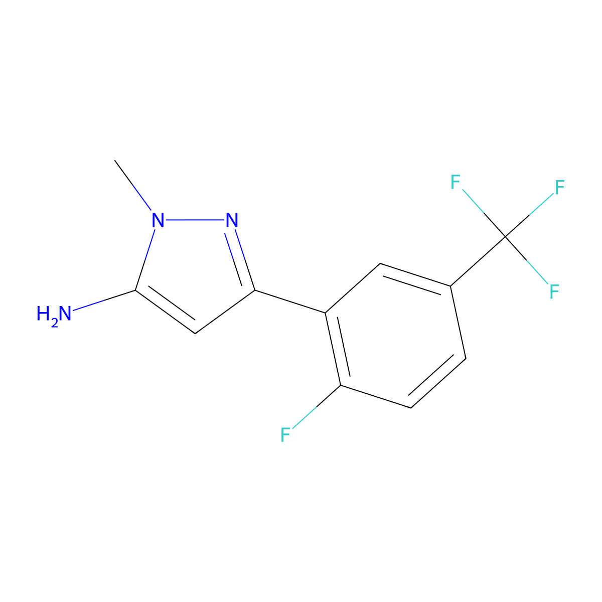 3-[2-fluoro-5-(trifluoromethyl)phenyl]-1-methyl-1H-pyrazol-5-amine molecular structure, CAS 1524726-54-2
