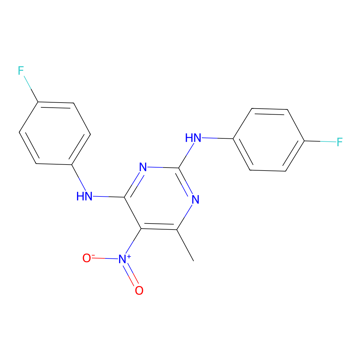 N~2~,N~4~-Bis(4-fluorophenyl)-6-methyl-5-nitropyrimidine-2,4-diamine molecular structure, CAS 1525-17-3