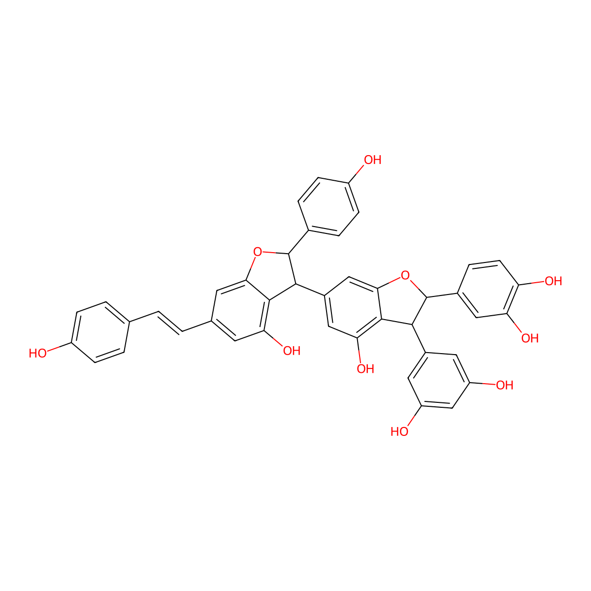4-[3-(3,5-Dihydroxyphenyl)-4-hydroxy-6-[4-hydroxy-2-(4-hydroxyphenyl)-6-[2-(4-hydroxyphenyl)ethenyl]-2,3-dihydro-1-benzofuran-3-yl]-2,3-dihydro-1-benzofuran-2-yl]benzene-1,2-diol molecular structure, CAS 152511-23-4