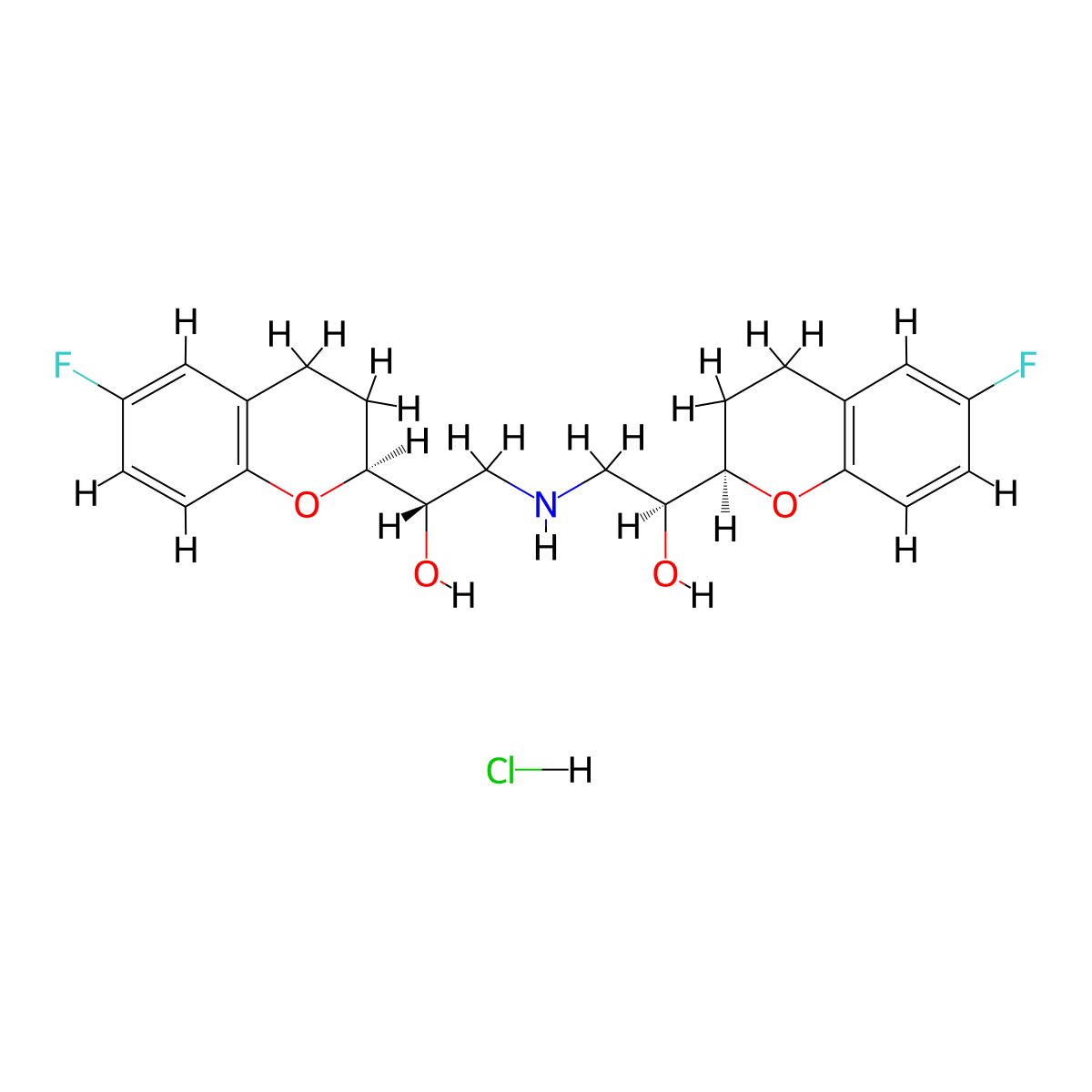 2H-1-Benzopyran-2-methanol, alpha,alpha'-(iminobis(methylene))bis(6-fluoro-3,4-dihydro-, hydrochloride (1:1), (alphaR,alpha'R,2R,2'S)-rel- molecular structure, CAS 152520-56-4