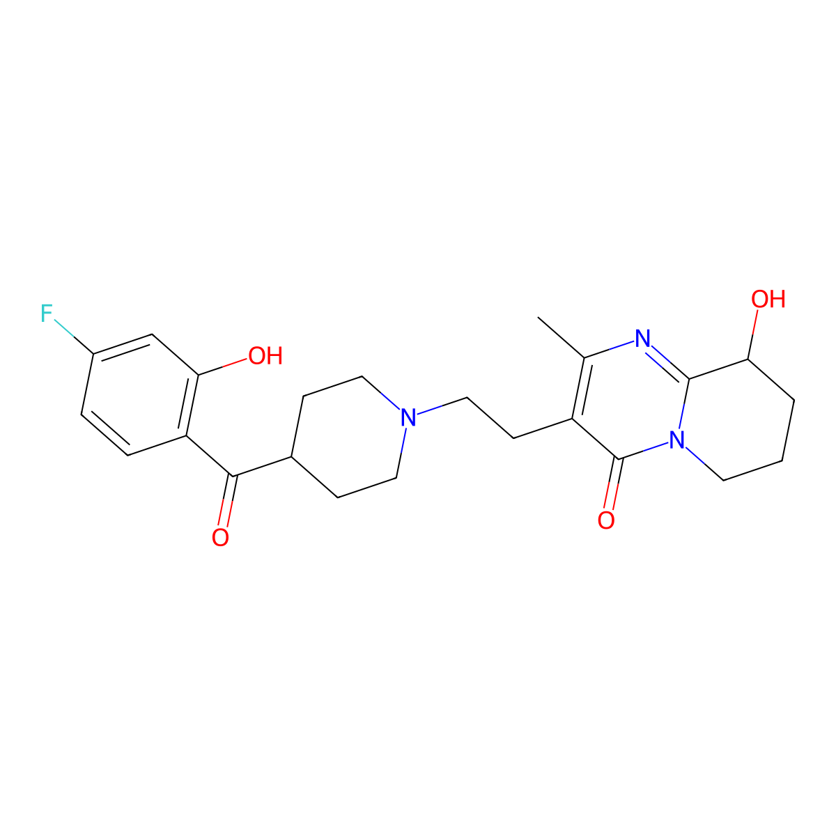 4H-Pyrido(1,2-a)pyrimidin-4-one, 3-(2-(4-(4-fluoro-2-hydroxybenzoyl)-1-piperidinyl)ethyl)-6,7,8,9-tetrahydro-9-hydroxy-2-methyl- molecular structure, CAS 152542-03-5
