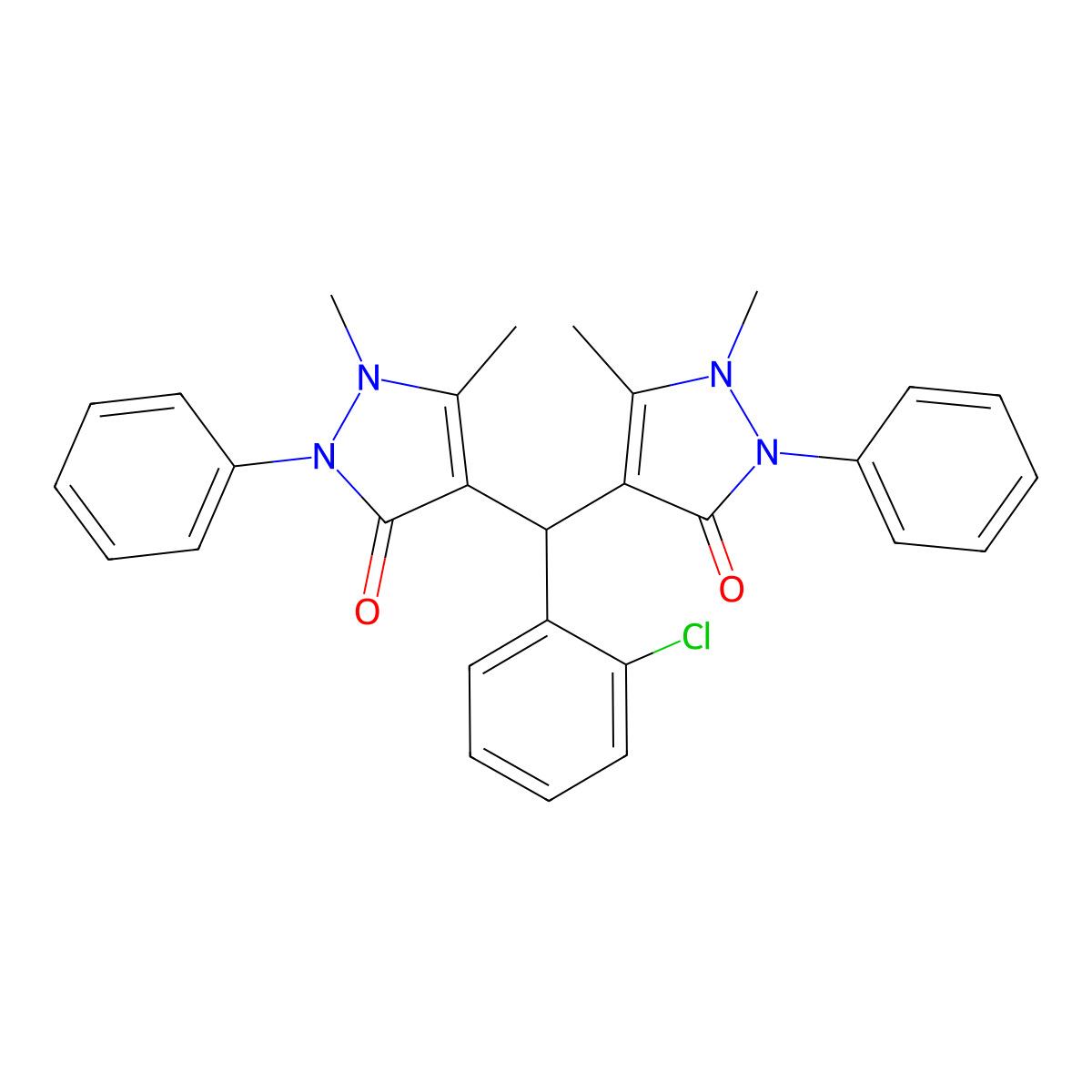 4,4'-((2-chlorophenyl)methylene)bis(1,5-dimethyl-2-phenyl-1H-pyrazol-3(2H)-one) molecular structure, CAS 152570-08-6