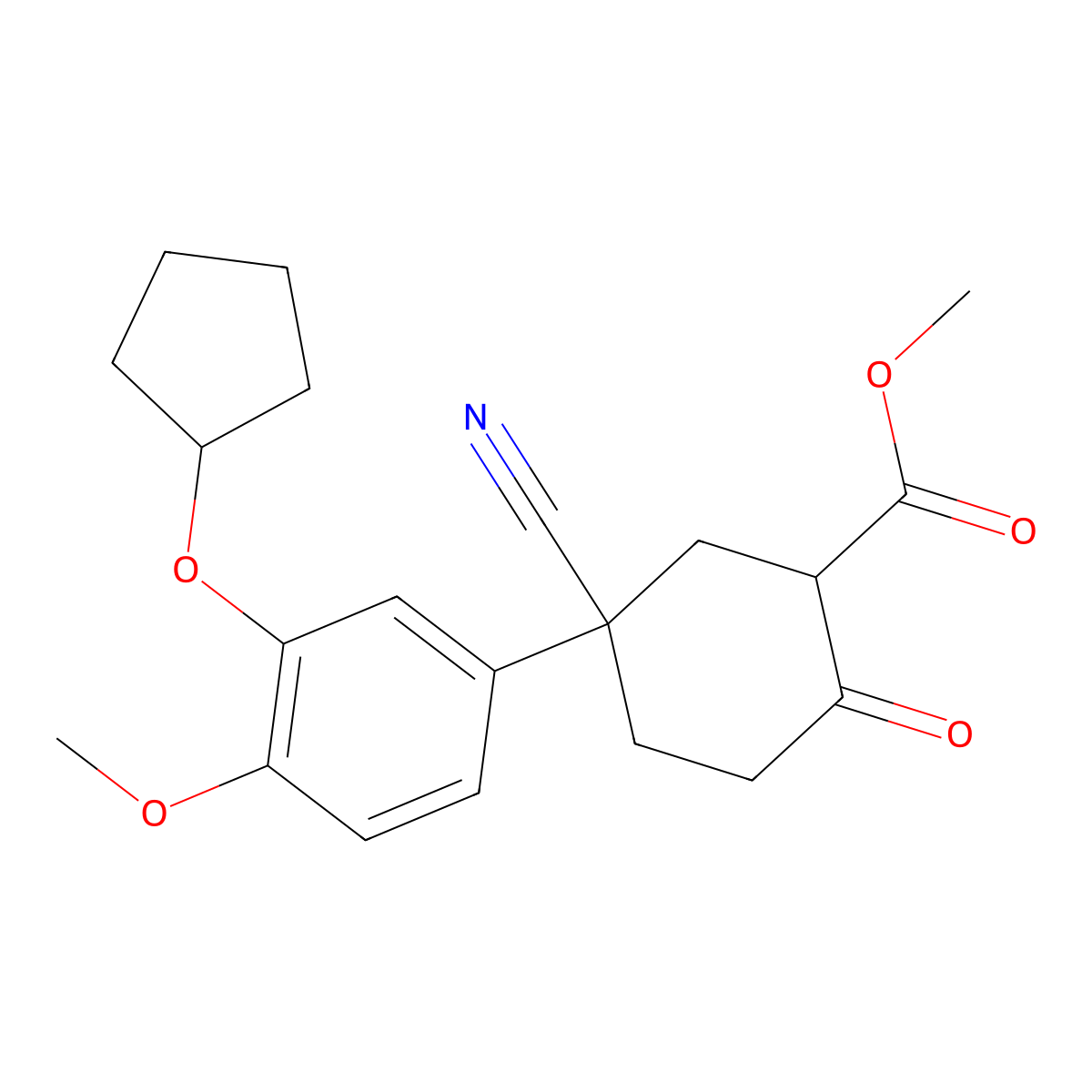 Methyl 5-cyano-5-(3-(cyclopentyloxy)-4-methoxyphenyl)-2-oxocyclohexanecarboxylate molecular structure, CAS 152630-49-4