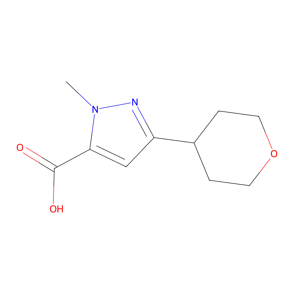 1-Methyl-3-(oxan-4-YL)-1H-pyrazole-5-carboxylic acid molecular structure, CAS 1526383-55-0