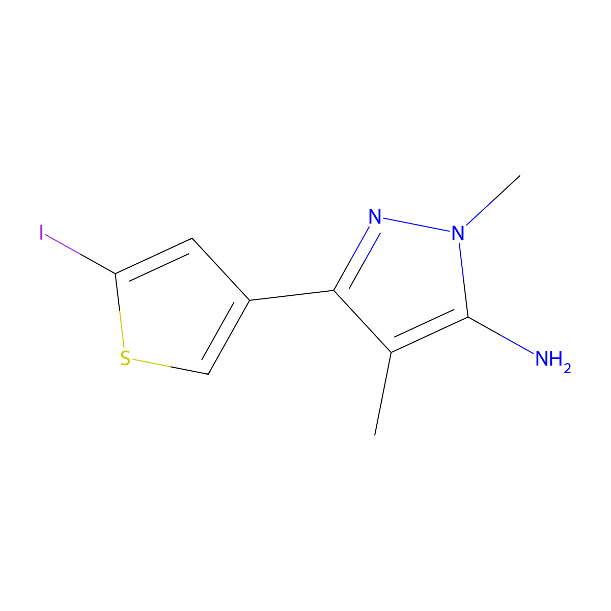 3-(5-iodothiophen-3-yl)-1,4-dimethyl-1H-pyrazol-5-amine molecular structure, CAS 1526536-89-9