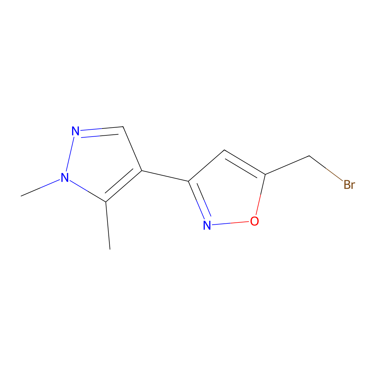 5-(bromomethyl)-3-(1,5-dimethyl-1H-pyrazol-4-yl)-1,2-oxazole molecular structure, CAS 1526802-61-8