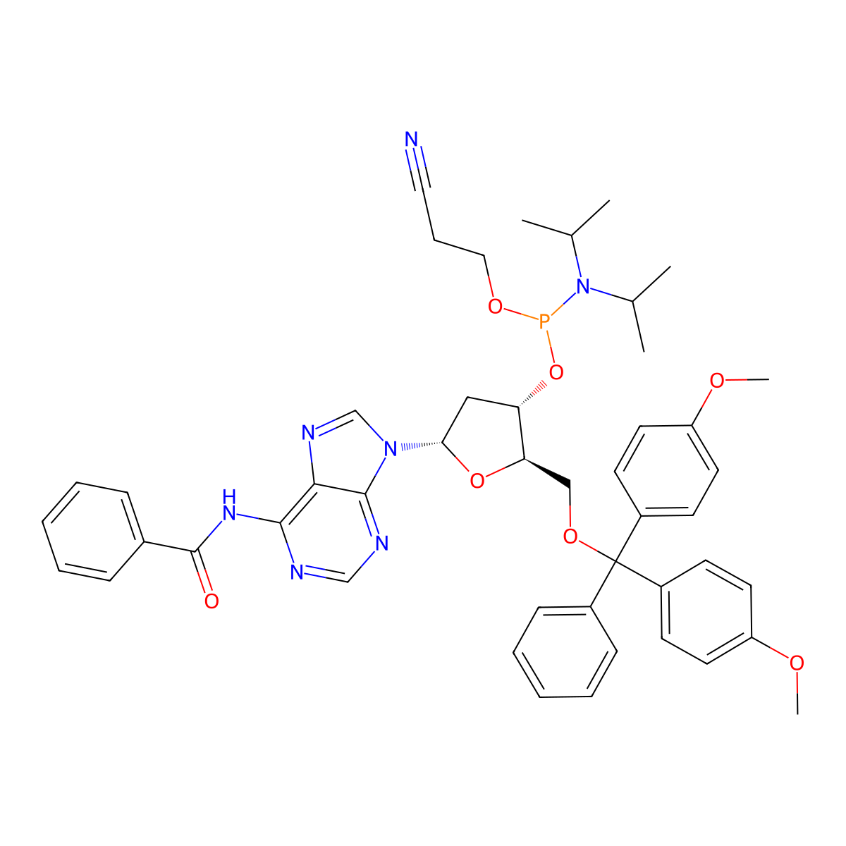 (2R,3S,5S)-5-(6-Benzamido-9H-purin-9-YL)-2-((bis(4-methoxy phenyl)(phenyl)methoxy)methyl)-tetrahydrofuran-3-YL 2-cyanoethyl diisopropylphosphoramidite molecular structure, CAS 152695-84-6