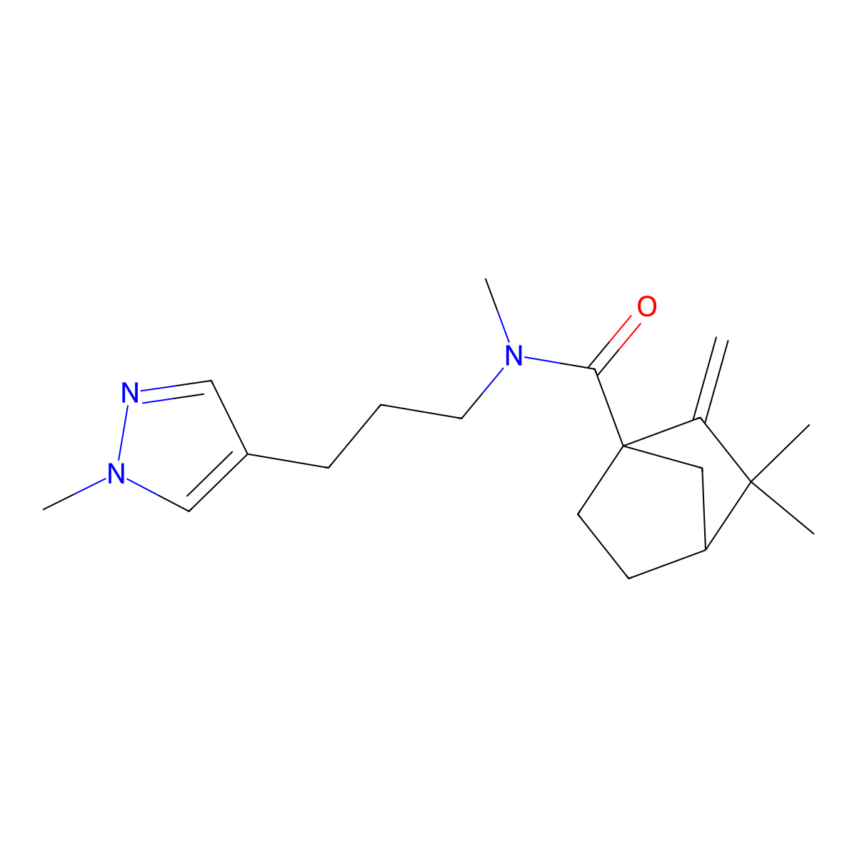 (1S*,4S*)-N,3,3-trimethyl-2-methylene-N-[3-(1-methyl-1H-pyrazol-4-yl)propyl]bicyclo[2.2.1]heptane-1-carboxamide molecular structure, CAS 1527007-82-4