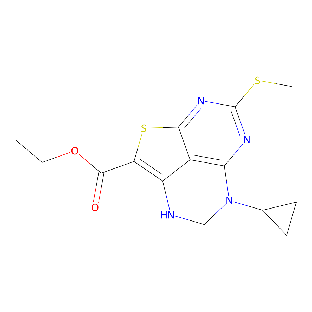 Ethyl 5-cyclopropyl-7-(methylthio)-4,5-dihydro-3H-1-thia-3,5,6,8-tetraazaacenaphthylene-2-carboxylate molecular structure, CAS 152787-59-2