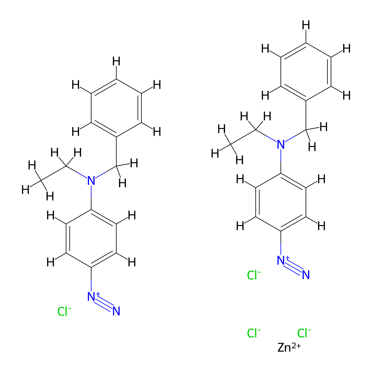 Benzenediazonium, 4-(ethyl(phenylmethyl)amino)-, (T-4)-tetrachlorozincate(2-) (2:1) molecular structure, CAS 15280-31-6