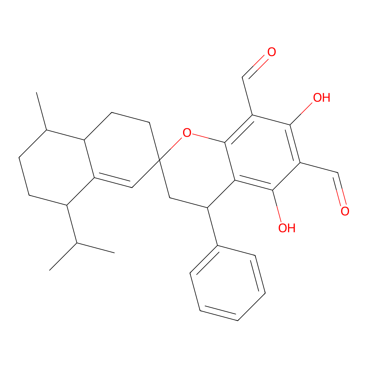 5',7'-dihydroxy-4-methyl-4'-phenyl-1-propan-2-ylspiro[2,3,4,4a,5,6-hexahydro-1H-naphthalene-7,2'-3,4-dihydrochromene]-6',8'-dicarbaldehyde molecular structure, CAS 1529775-04-9