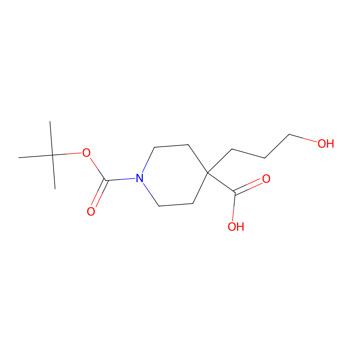 1-[(Tert-butoxy)carbonyl]-4-(3-hydroxypropyl)piperidine-4-carboxylic acid molecular structure, CAS 1531690-05-7