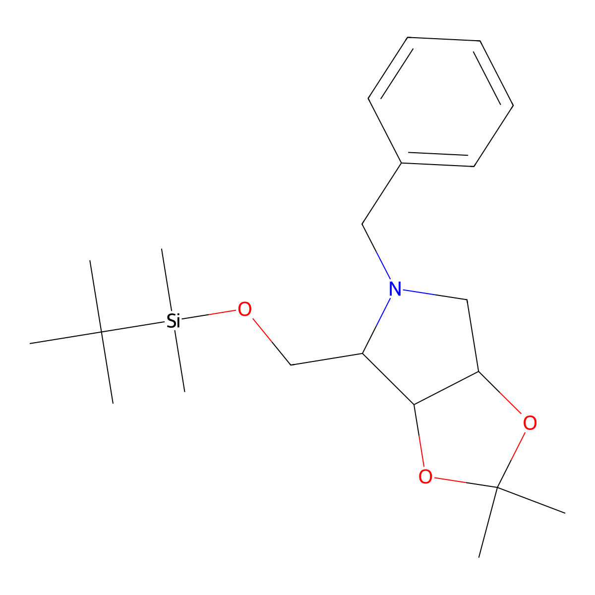 4H-1,3-Dioxolo[4,5-c]pyrrole, 4-[[[(1,1-dimethylethyl)dimethylsilyl]oxy]methyl]tetrahydro-2,2-dimethyl-5-(phenylmethyl)-, (3aR,4R,6aS)- molecular structure, CAS 153172-30-6