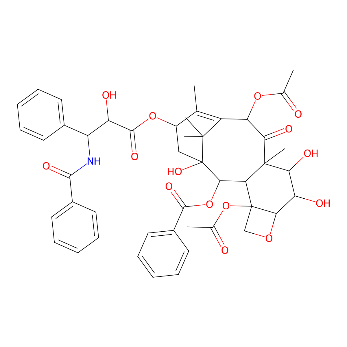 Benzenepropanoic acid, beta-(benzoylamino)-alpha-hydroxy-, (2aR,3S,4R,4aS,6R,9S,11S,12S,12aR,12bS)-6,12b-bis(acetyloxy)-12-(benzoyloxy)-2a,3,4,4a,5,6,9,10,11,12,12a,12b-dodecahydro-3,4,11-trihydroxy-4a,8,13,13-tetramethyl-5-oxo-7,11-methano-1H-cyclodeca(3,4)benz(1,2-b)oxet-9-yl ester, (alphaR,betaS)- molecular structure, CAS 153212-75-0