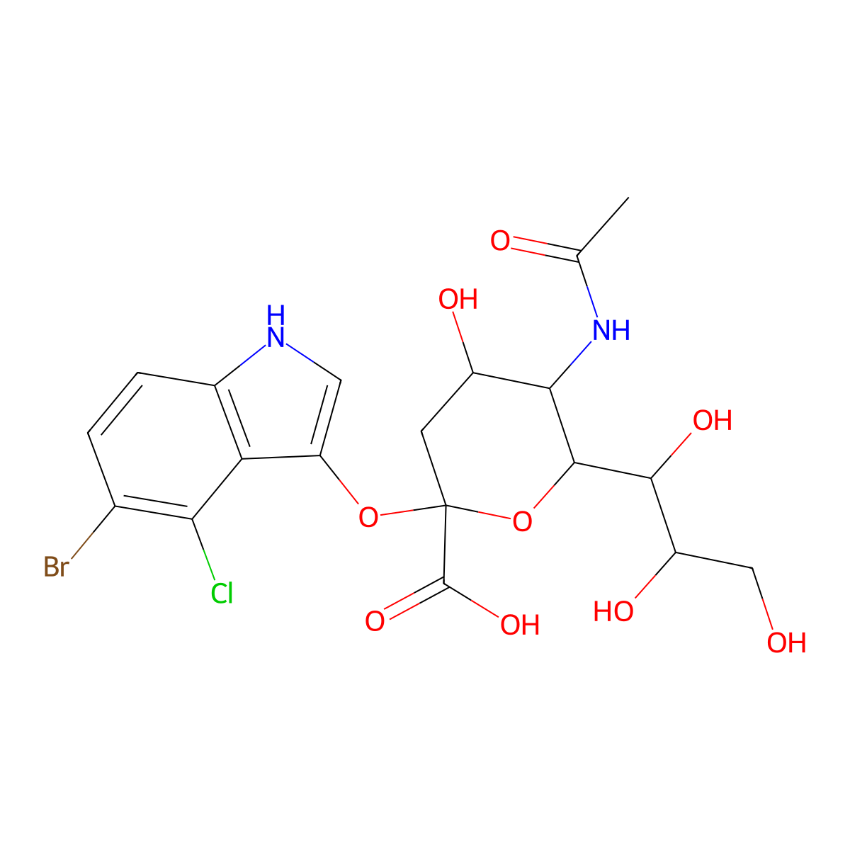 (2S,4S,5R,6R)-5-acetamido-2-((5-bromo-4-chloro-1H-indol-3-yl)oxy)-4-hydroxy-6-((1R,2R)-1,2,3-trihydroxypropyl)tetrahydro-2H-pyran-2-carboxylic acid molecular structure, CAS 153248-52-3