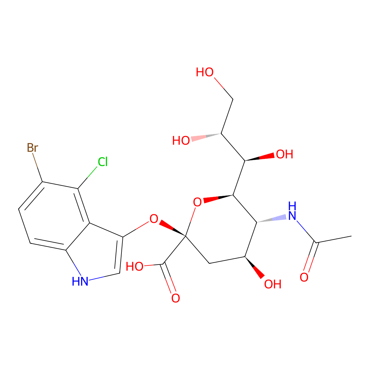 (2S,4S,5R,6R)-5-acetamido-2-((5-bromo-4-chloro-1H-indol-3-yl)oxy)-4-hydroxy-6-((1R,2R)-1,2,3-trihydroxypropyl)tetrahydro-2H-pyran-2-carboxylic acid molecular structure, CAS 153248-52-3