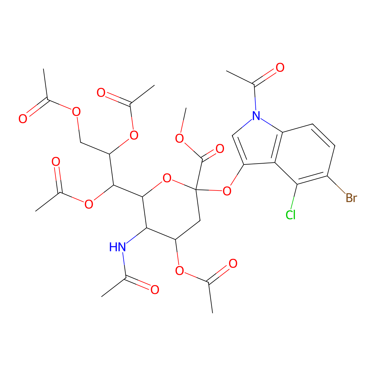 (1S,2S)-1-((2R,3R,4S,6S)-3-acetamido-4-acetoxy-6-((1-acetyl-5-bromo-4-chloro-1H-indol-3-yl)oxy)-6-(methoxycarbonyl)tetrahydro-2H-pyran-2-yl)propane-1,2,3-triyl triacetate molecular structure, CAS 153248-53-4