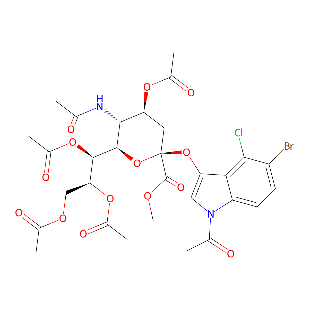 (1S,2S)-1-((2R,3R,4S,6S)-3-acetamido-4-acetoxy-6-((1-acetyl-5-bromo-4-chloro-1H-indol-3-yl)oxy)-6-(methoxycarbonyl)tetrahydro-2H-pyran-2-yl)propane-1,2,3-triyl triacetate molecular structure, CAS 153248-53-4