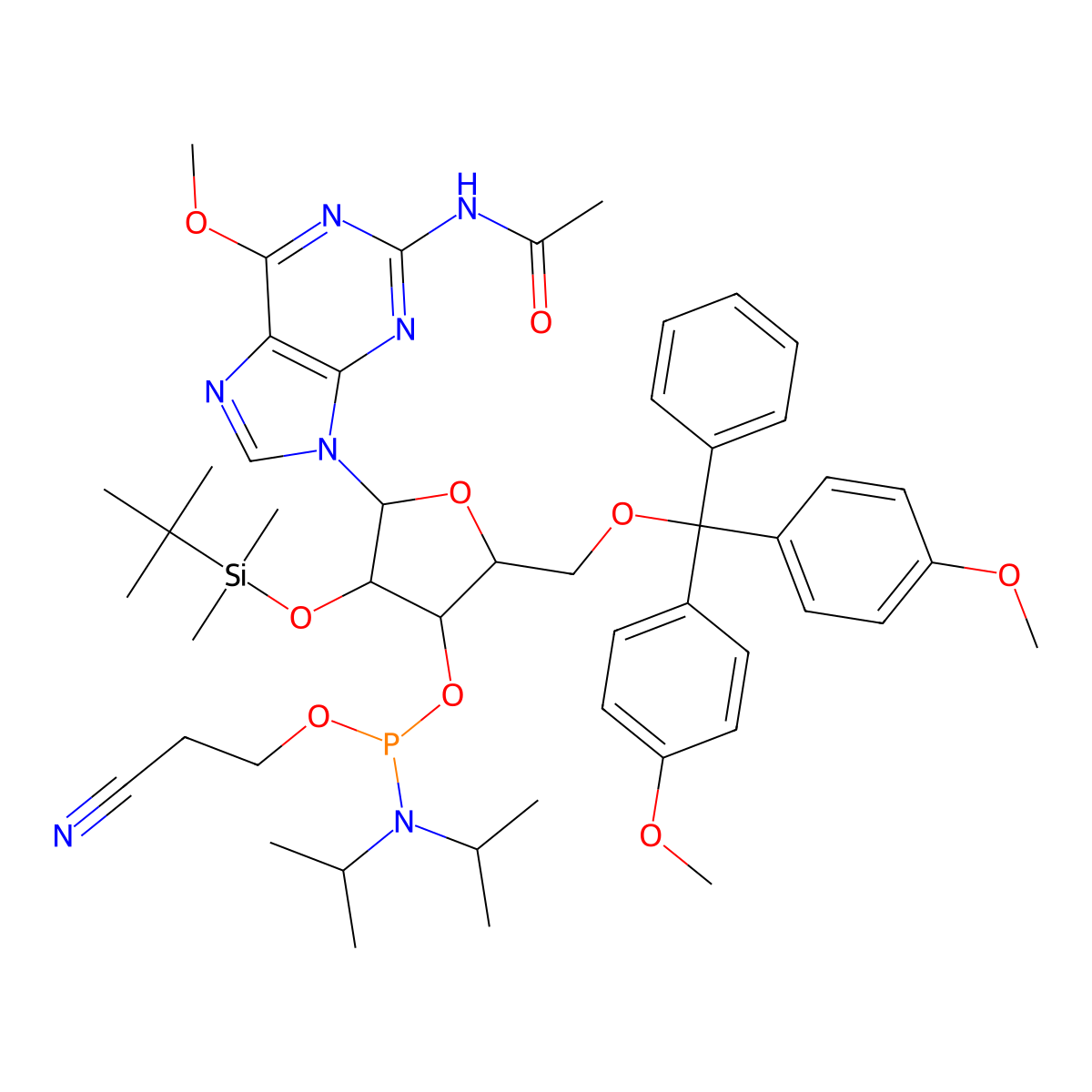N-Acetyl-5'-o-(4,4-dimethoxytrityl)-2'-o-[(tert-butyl)dimethylsilyl]-6'-o-methylguanosine-3'-(2-cyanoethyl-N,N-diisopropyl)phosphoramidite molecular structure, CAS 153248-58-9