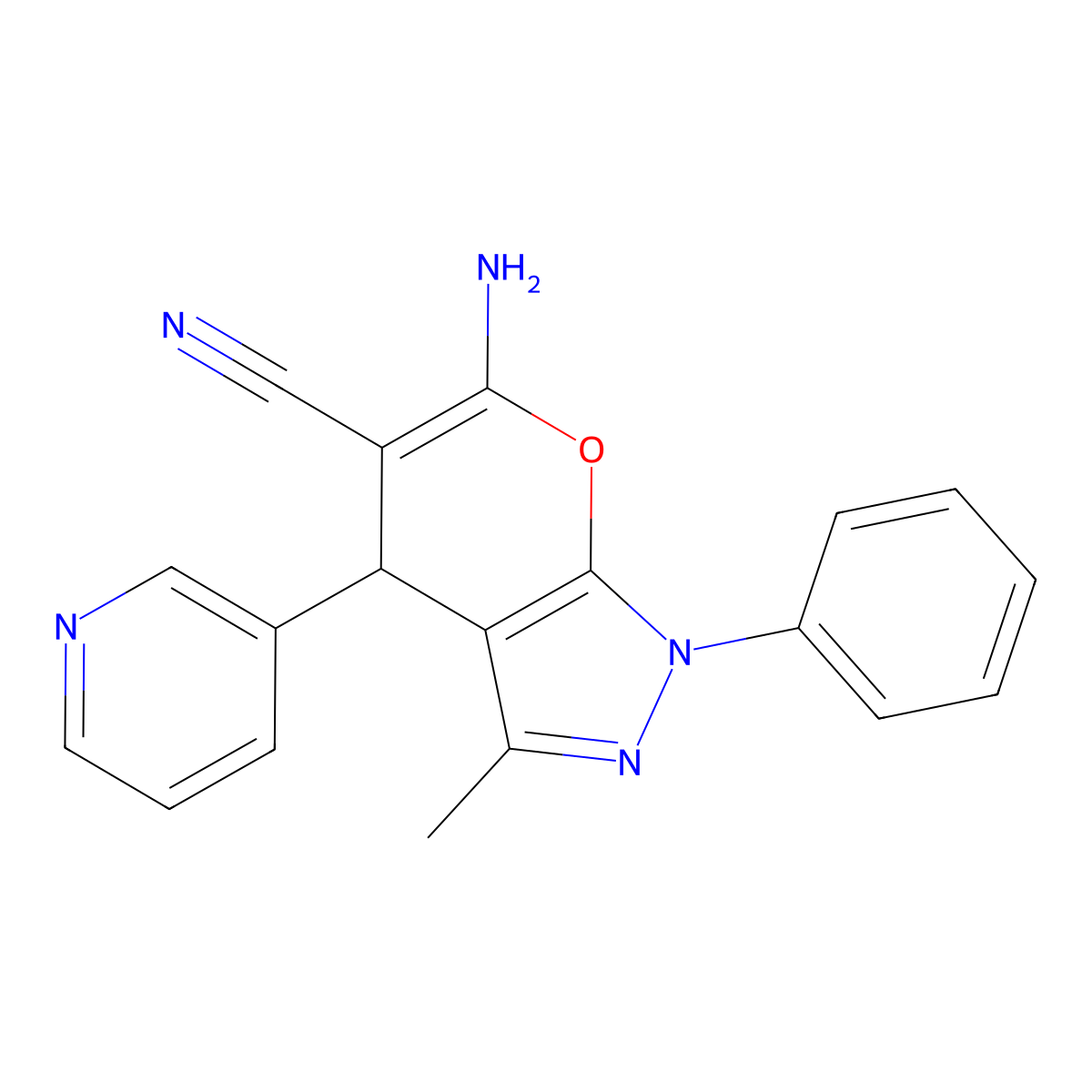 6-Amino-3-methyl-1-phenyl-4-(pyridin-3-yl)-1,4-dihydropyrano[2,3-c]pyrazole-5-carbonitrile molecular structure, CAS 153334-58-8