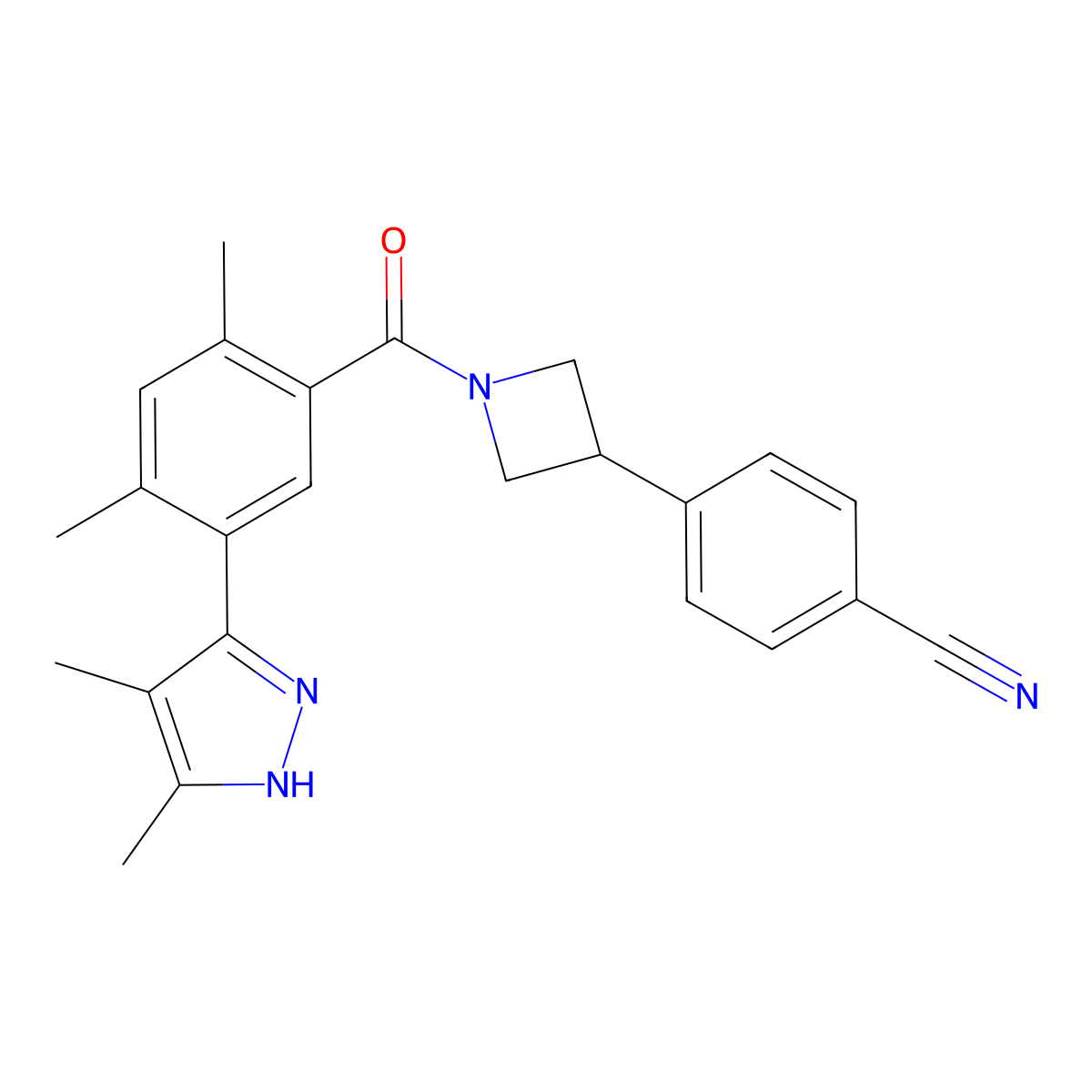 4-(1-(5-(3,4-dimethyl-1H-pyrazol-5-yl)-2,4-dimethylbenzoyl)azetidin-3-yl)benzonitrile molecular structure, CAS 1533438-83-3