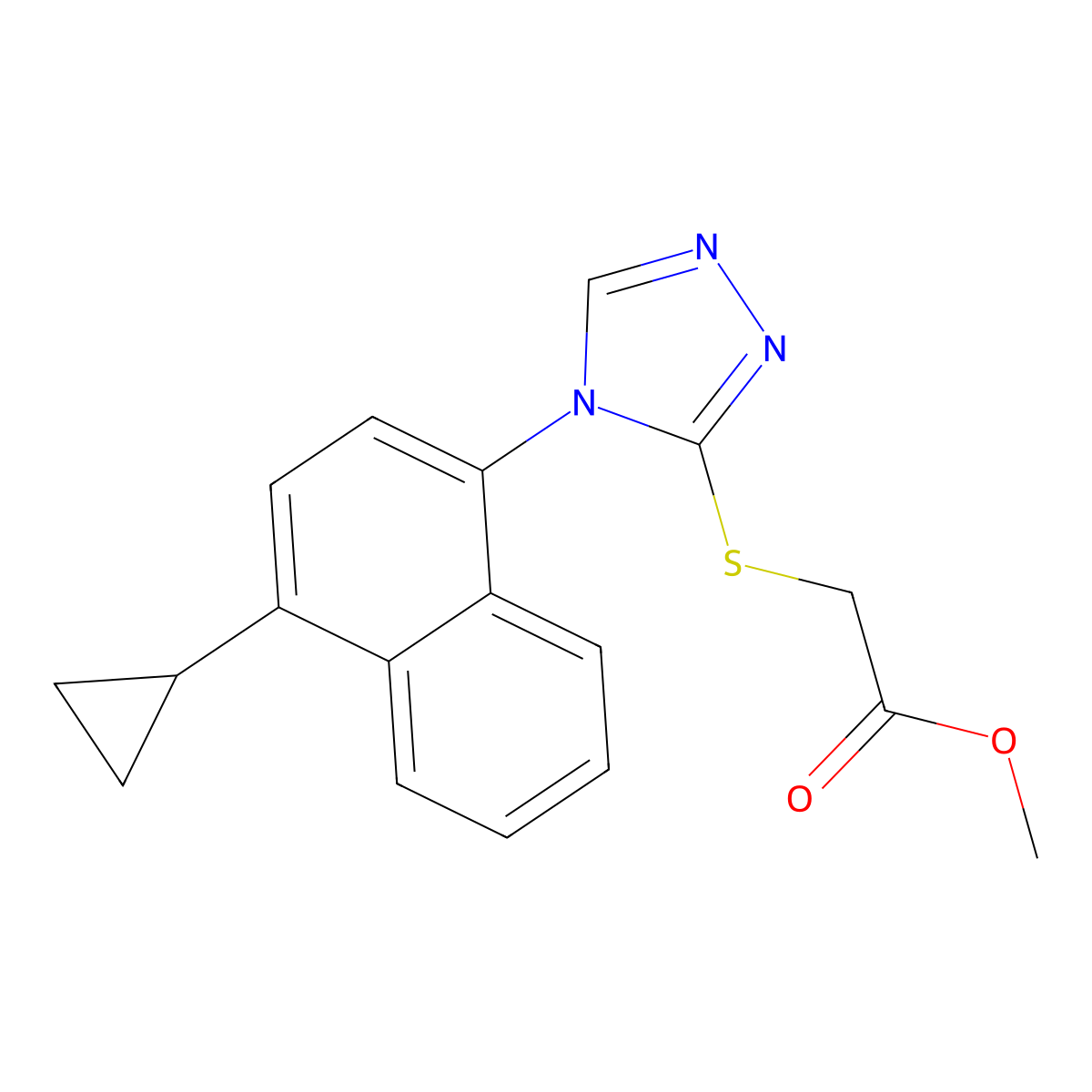 Methyl 2-(4-(4-cyclopropylnaphthalen-1-yl)-4H-1,2,4-triazol-3-ylthio) acetate molecular structure, CAS 1533519-85-5