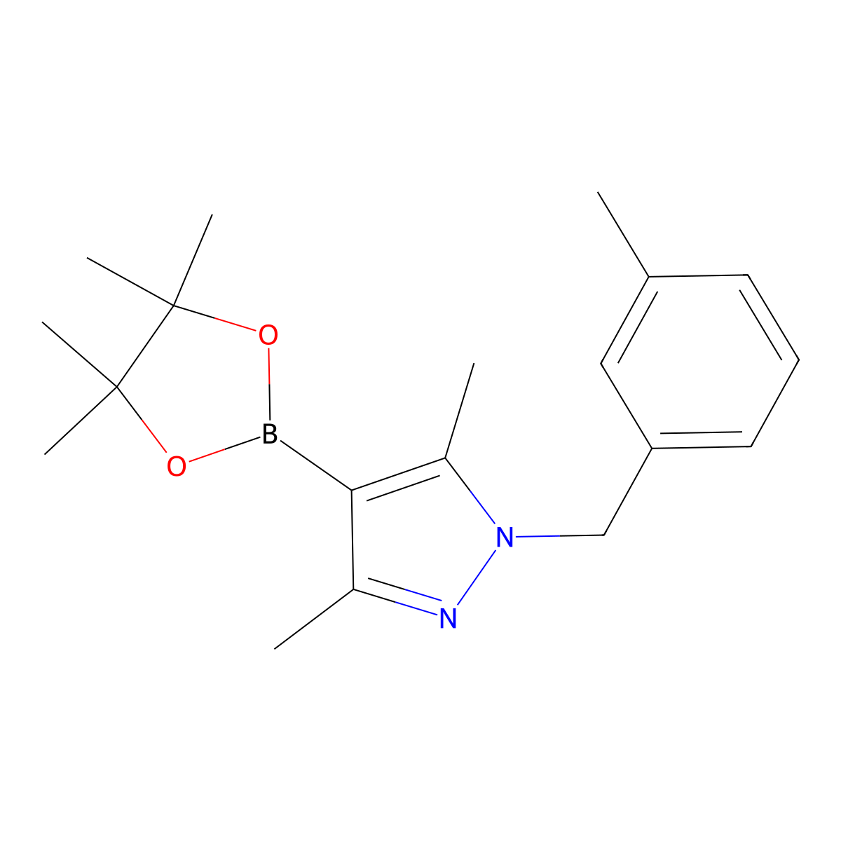 1H-Pyrazole, 3,5-dimethyl-1-[(3-methylphenyl)methyl]-4-(4,4,5,5-tetramethyl-1,3,2-dioxaborolan-2-yl)- molecular structure, CAS 1534377-88-2