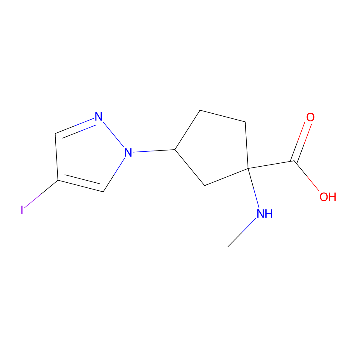3-(4-Iodo-1h-pyrazol-1-yl)-1-(methylamino)cyclopentane-1-carboxylic acid molecular structure, CAS 1534699-94-9