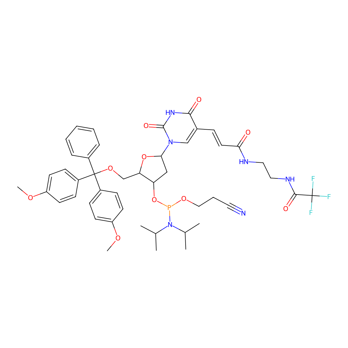 5'-O-[Bis(4-Methoxyphenyl)Phenylmethyl]-2'-Deoxy-5-[3-Oxo-3-[[2-[(Trifluoroacetyl)Amino]Ethyl]Amino]-1-Propenyl]-Uridine 3'-[2-Cyanoethyl Bis(1-Methylethyl)Phosphoramidite] molecular structure, CAS 153512-22-2