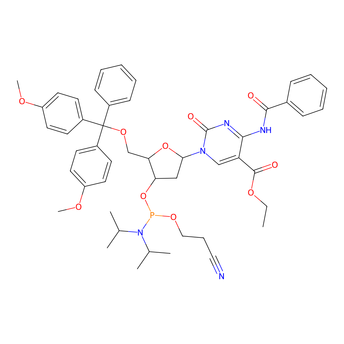 Ethyl 4-benzamido-1-((2R,4S,5R)-5-((bis(4-methoxyphenyl)(phenyl)methoxy)methyl)-4-(((2-cyanoethoxy)(diisopropylamino)phosphaneyl)oxy)tetrahydrofuran-2-yl)-2-oxo-1,2-dihydropyrimidine-5-carboxylate molecular structure, CAS 1535202-71-1