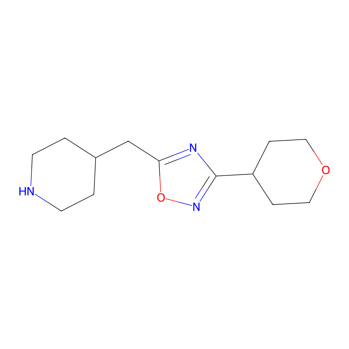 4-{[3-(Oxan-4-yl)-1,2,4-oxadiazol-5-yl]methyl}piperidine molecular structure, CAS 1535290-58-4