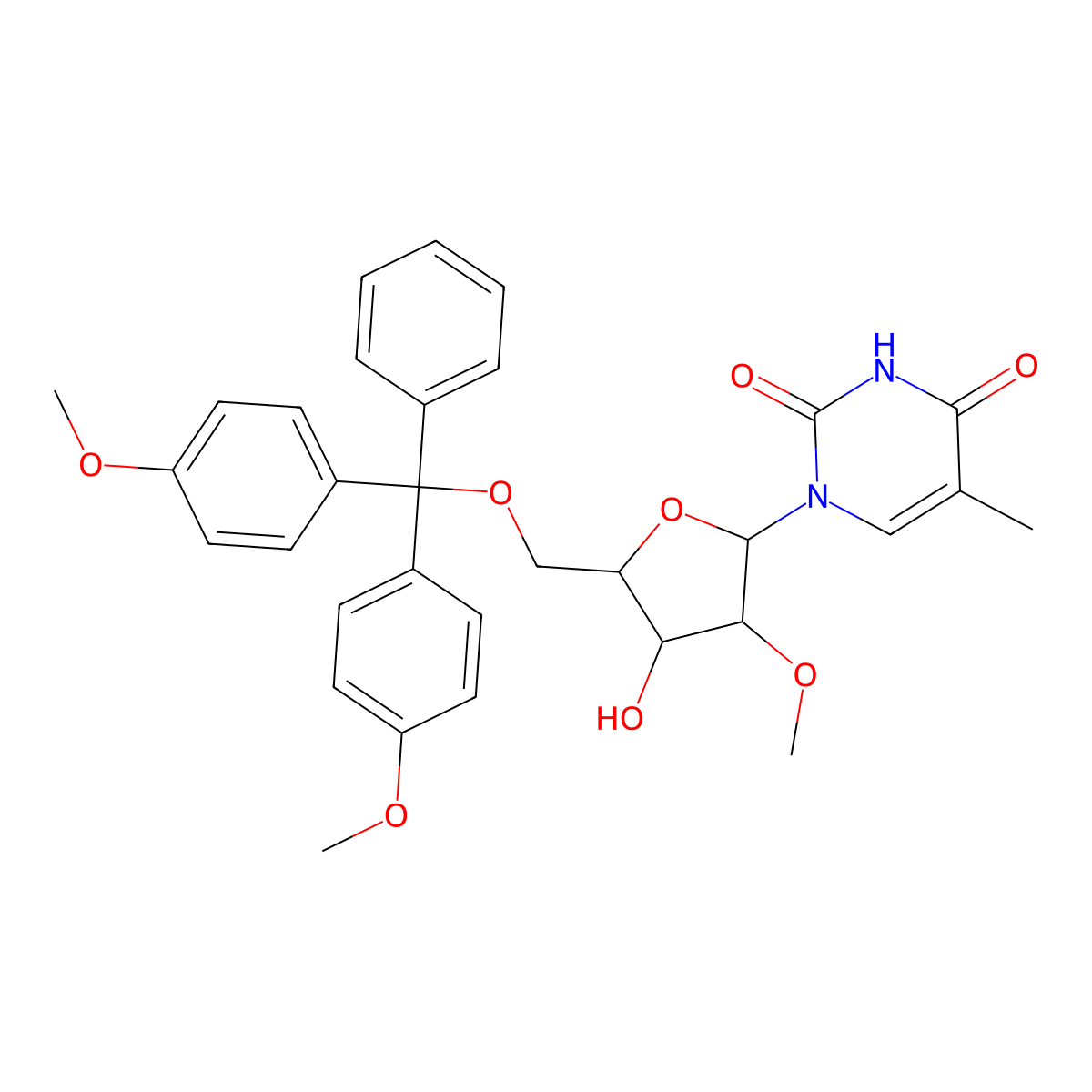 1-((2R,3R,4R,5R)-5-((bis(4-methoxyphenyl)(phenyl)methoxy)methyl)-4-hydroxy-3-methoxytetrahydrofuran-2-yl)-5-methylpyrimidine-2,4(1H,3H)-dione molecular structure, CAS 153631-19-7