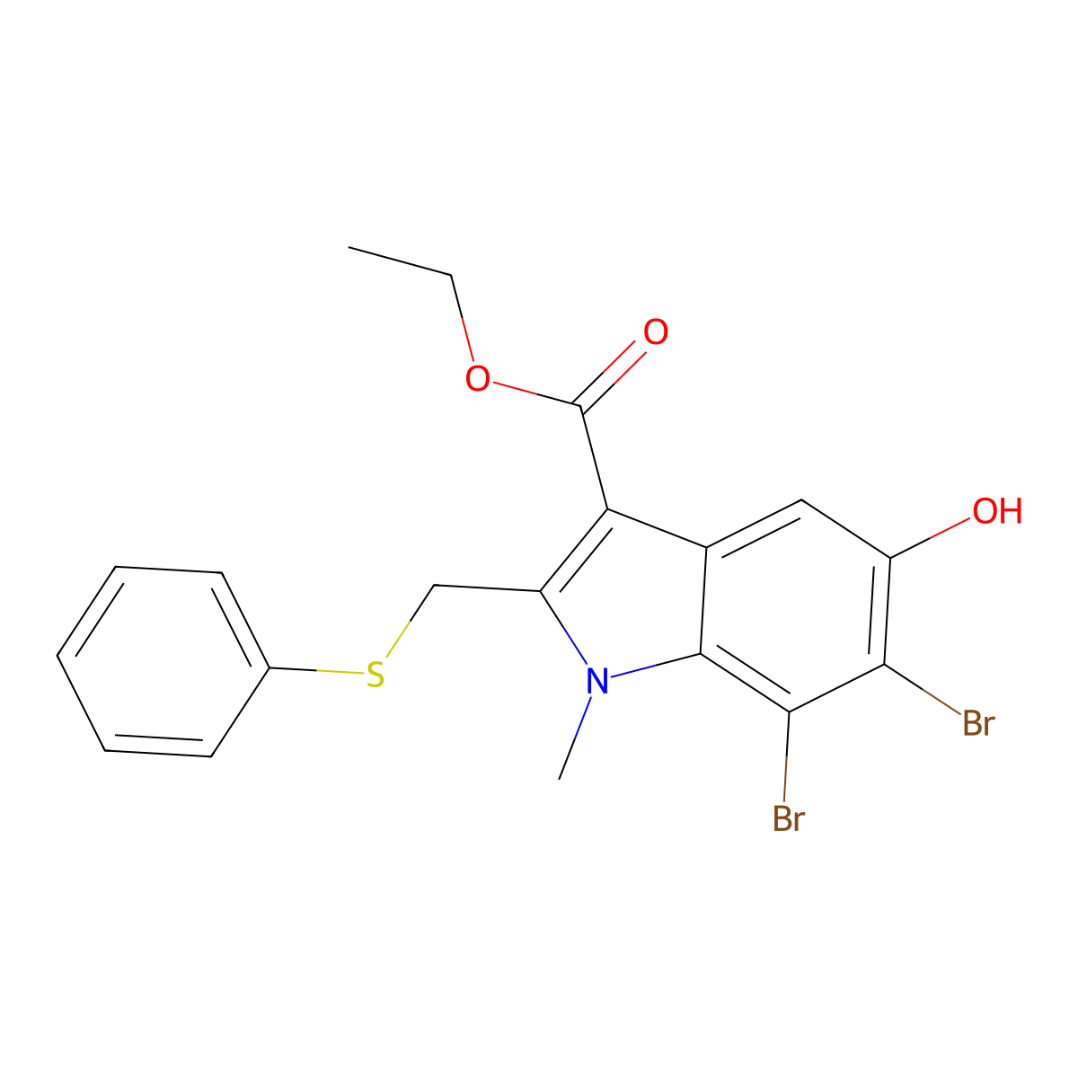 Ethyl 6,7-dibromo-5-hydroxy-1-methyl-2-[(phenylthio)methyl]-1H-indole-3-carboxylate molecular structure, CAS 153633-12-6