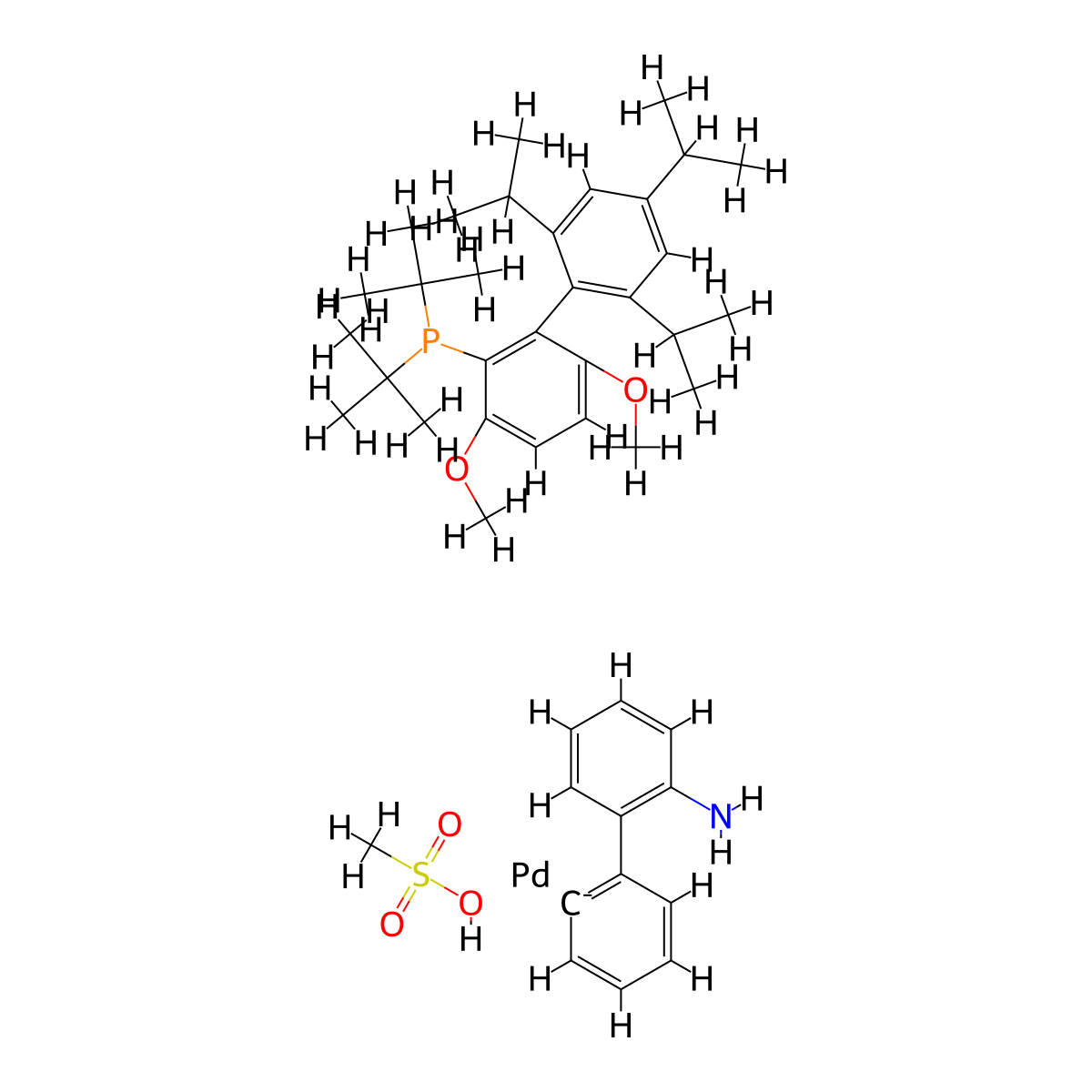 [(2-Di-tert-butylphosphino-3,6-dimethoxy-2',4',6'-triisopropyl-1,1'-biphenyl)-2-(2'-amino-1,1'-biphenyl)]palladium(II) methanesulfonate , tBuBrettPhos Pd G3 molecular structure, CAS 1536473-72-9