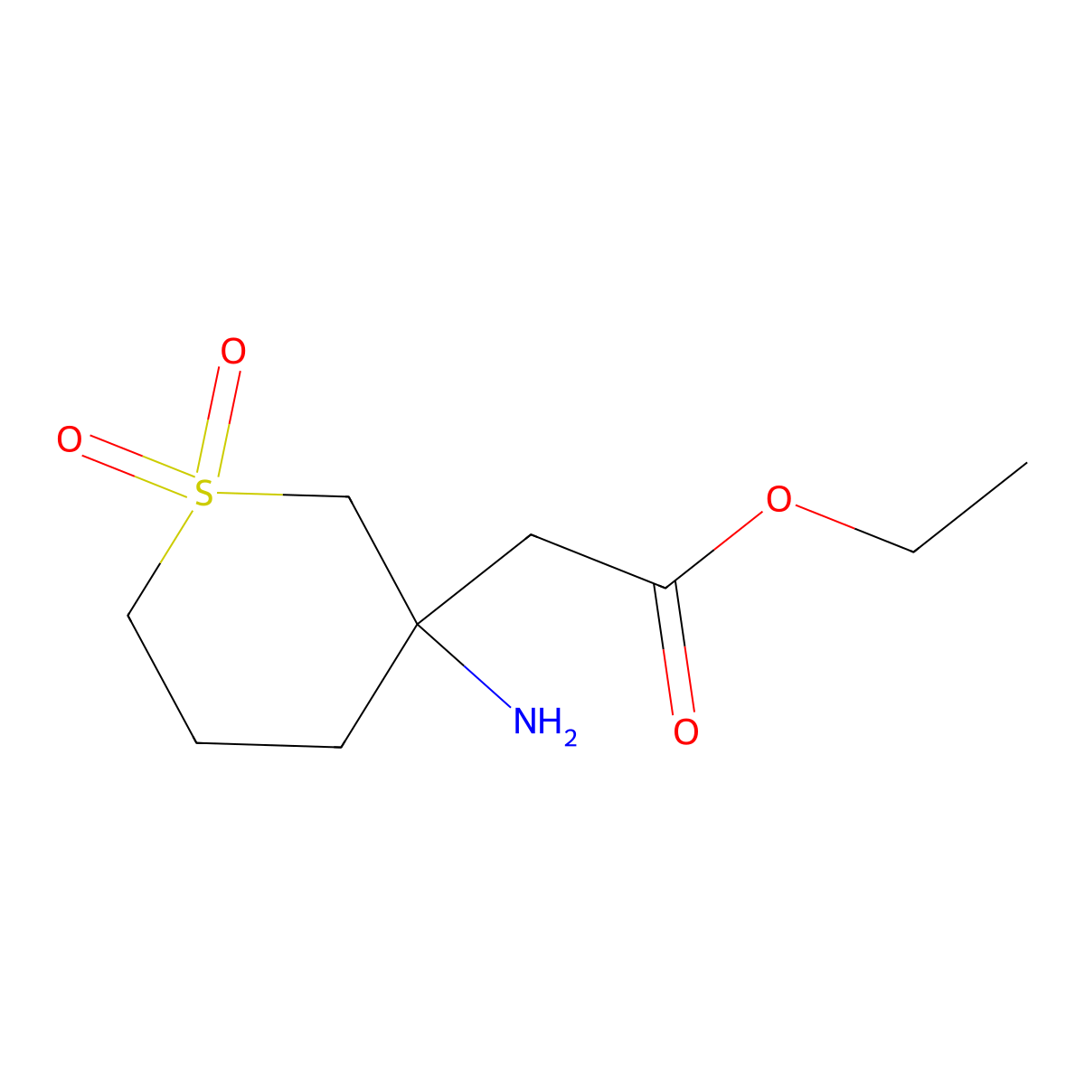 Ethyl 2-(3-amino-1,1-dioxidotetrahydro-2H-thiopyran-3-yl)acetate molecular structure, CAS 1536787-22-0