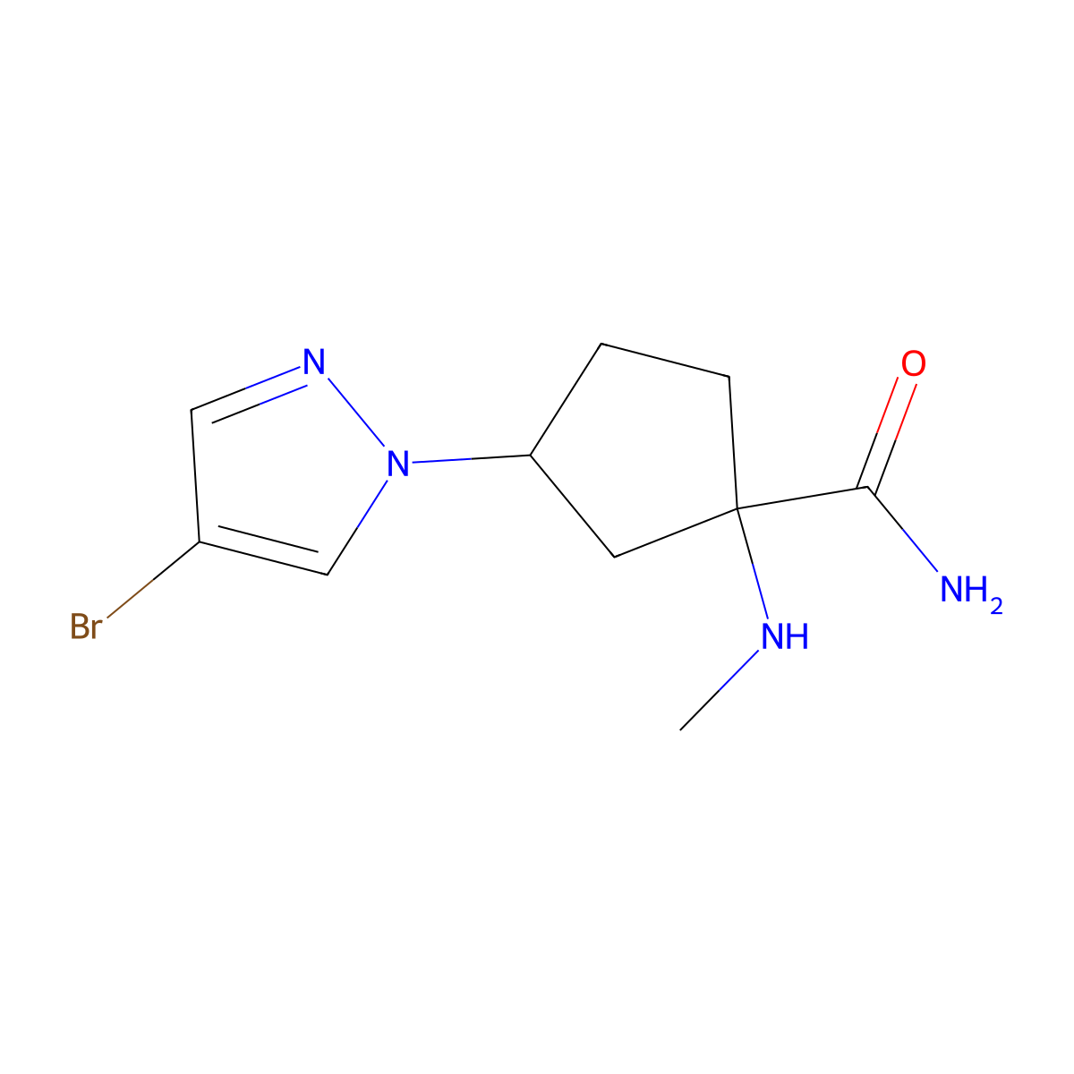3-(4-Bromo-1h-pyrazol-1-yl)-1-(methylamino)cyclopentane-1-carboxamide molecular structure, CAS 1537033-36-5