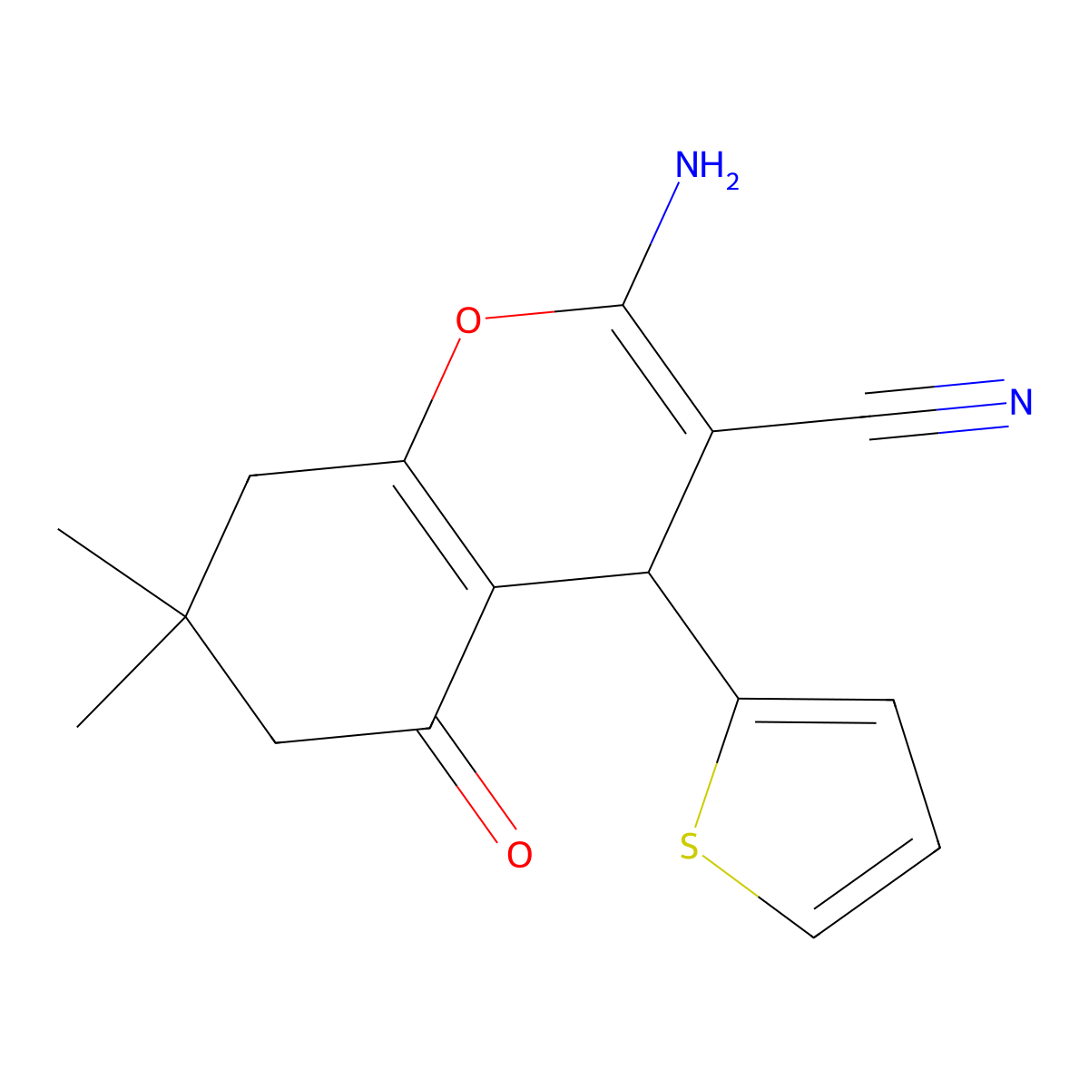 2-amino-7,7-dimethyl-5-oxo-4-(thiophen-2-yl)-5,6,7,8-tetrahydro-4H-chromene-3-carbonitrile molecular structure, CAS 153790-54-6