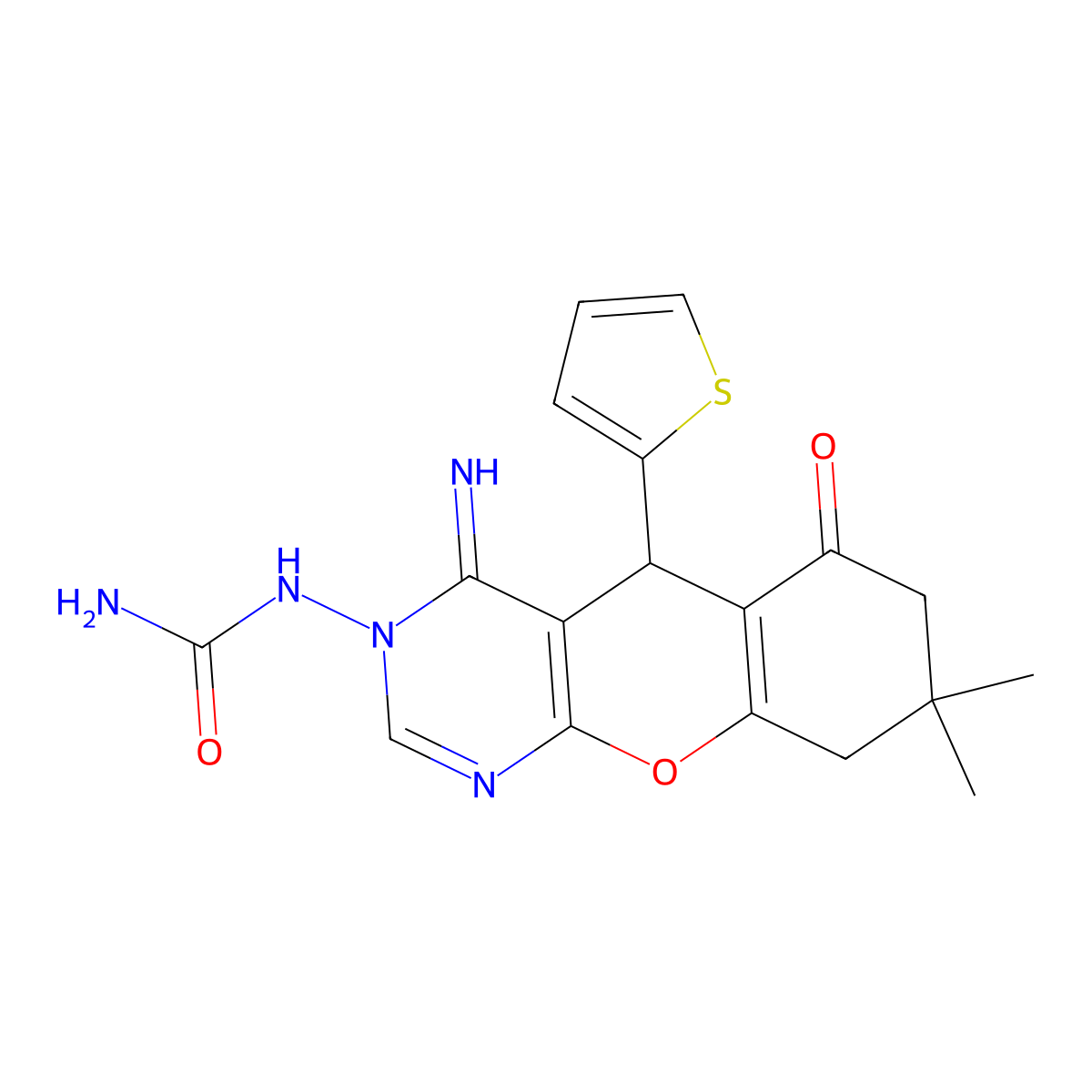 1-(4-imino-8,8-dimethyl-6-oxo-5-(thiophen-2-yl)-4,5,6,7,8,9-hexahydro-3H-chromeno[2,3-d]pyrimidin-3-yl)urea molecular structure, CAS 153790-56-8