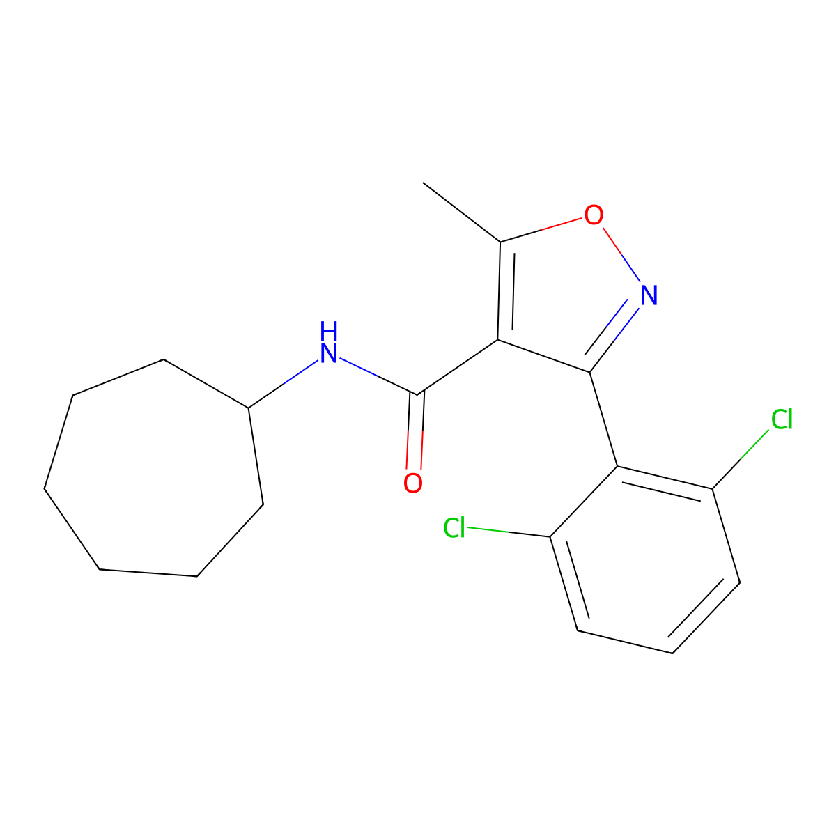 N-cycloheptyl-3-(2,6-dichlorophenyl)-5-methyl-1,2-oxazole-4-carboxamide molecular structure, CAS 153948-17-5