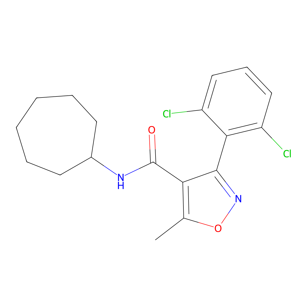 N-cycloheptyl-3-(2,6-dichlorophenyl)-5-methyl-1,2-oxazole-4-carboxamide molecular structure, CAS 153948-17-5
