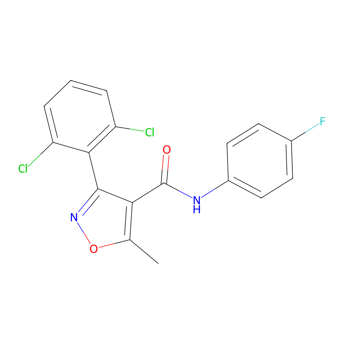 3-(2,6-dichlorophenyl)-N-(4-fluorophenyl)-5-methyl-1,2-oxazole-4-carboxamide molecular structure, CAS 153948-40-4