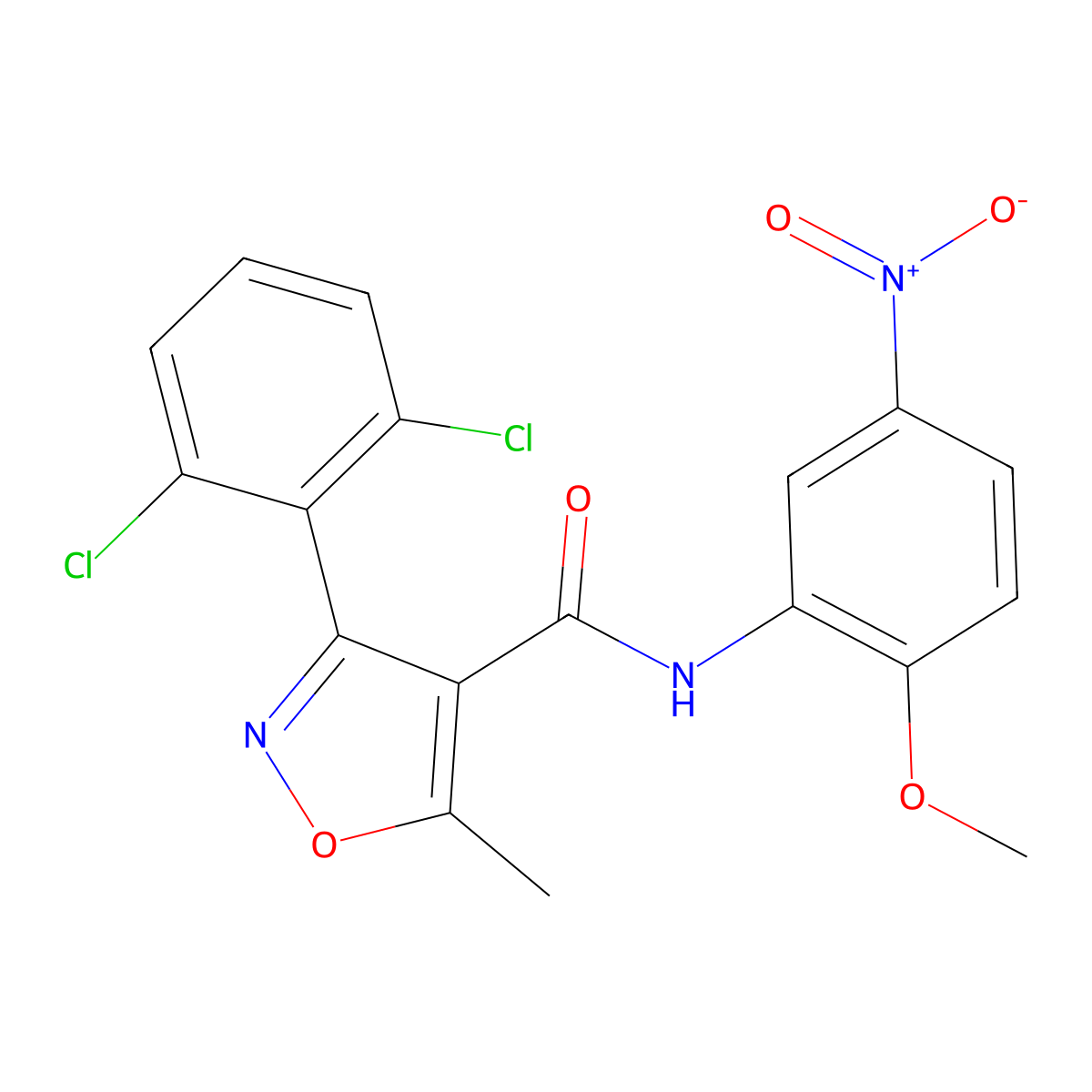 3-(2,6-dichlorophenyl)-N-(2-methoxy-5-nitrophenyl)-5-methyl-1,2-oxazole-4-carboxamide molecular structure, CAS 153948-51-7
